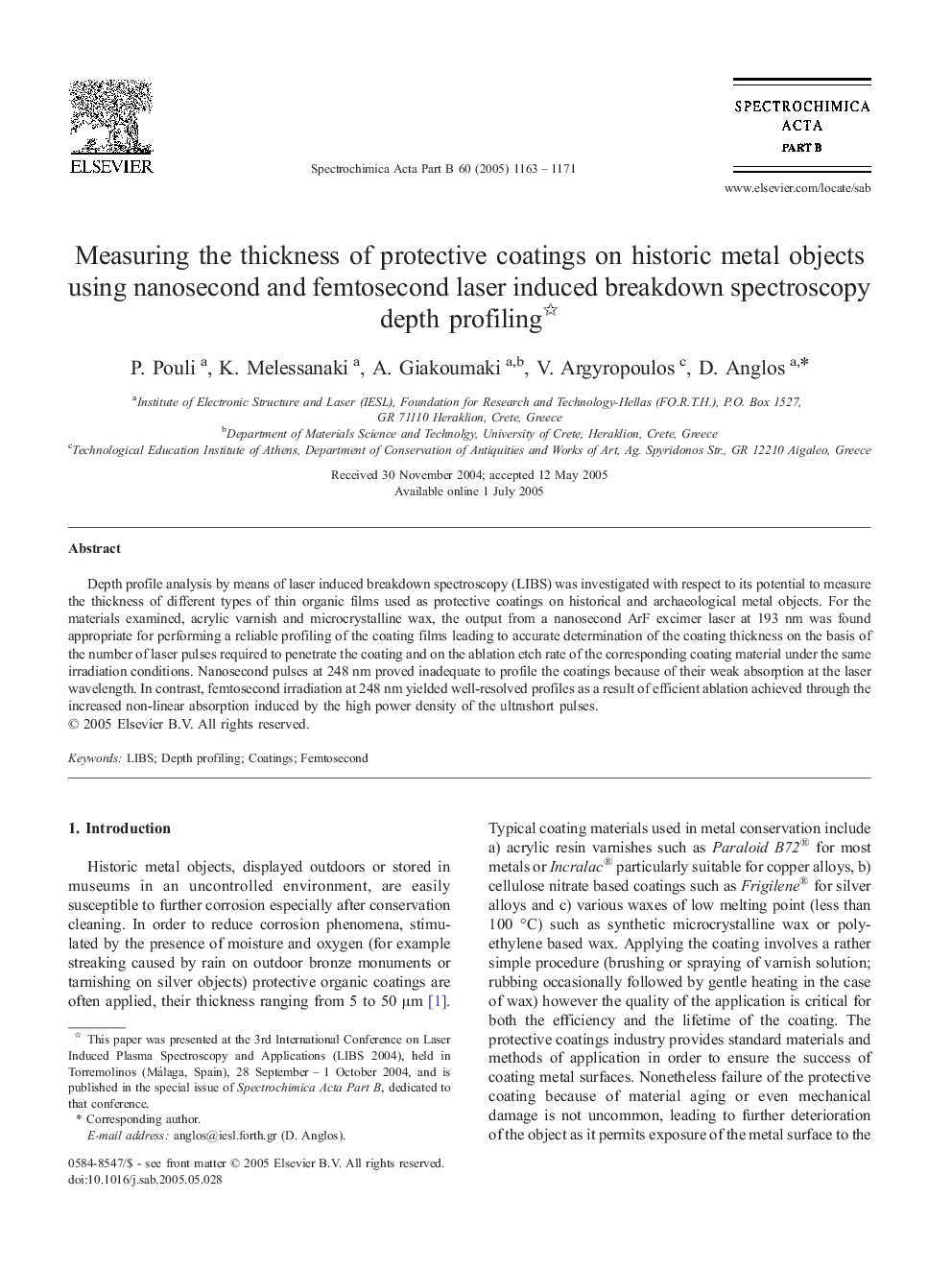 Measuring the thickness of protective coatings on historic metal objects using nanosecond and femtosecond laser induced breakdown spectroscopy depth profiling