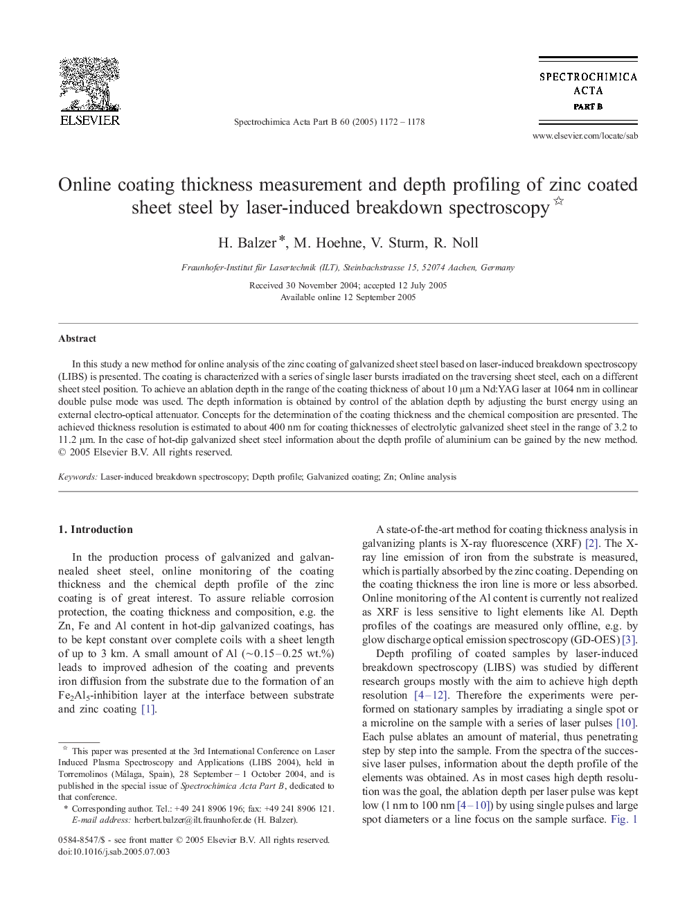 Online coating thickness measurement and depth profiling of zinc coated sheet steel by laser-induced breakdown spectroscopy