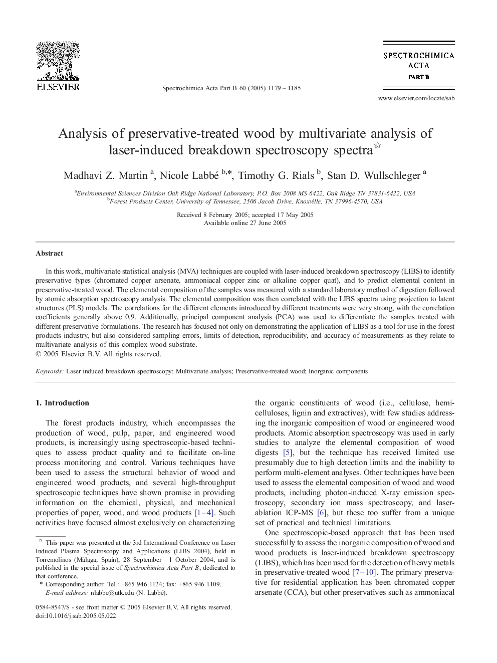 Analysis of preservative-treated wood by multivariate analysis of laser-induced breakdown spectroscopy spectra