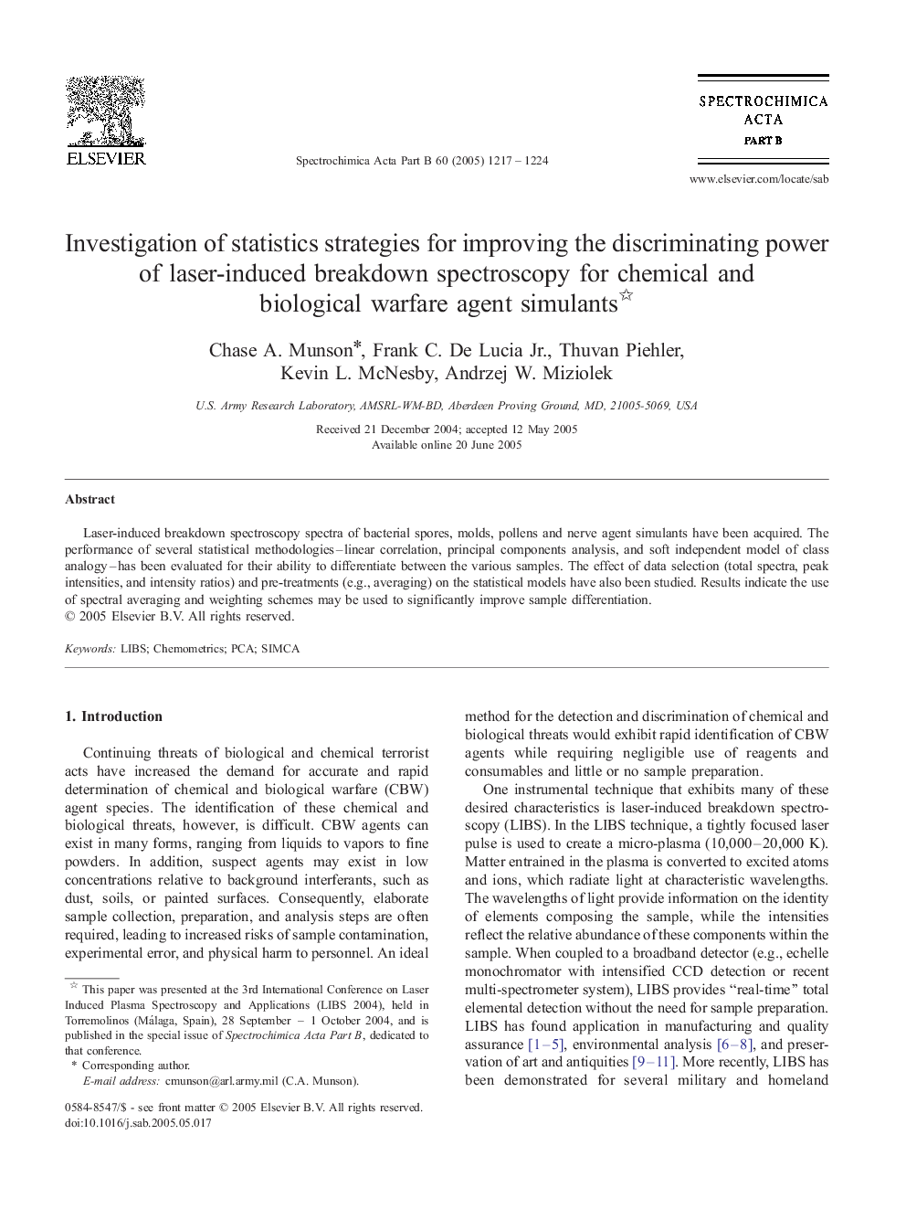 Investigation of statistics strategies for improving the discriminating power of laser-induced breakdown spectroscopy for chemical and biological warfare agent simulants