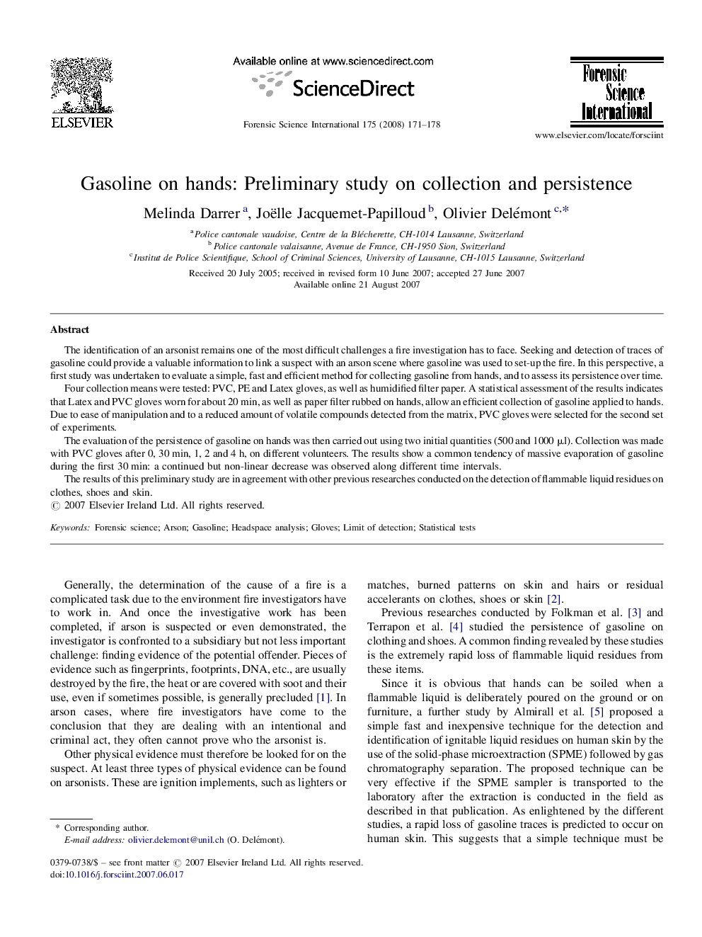 Gasoline on hands: Preliminary study on collection and persistence