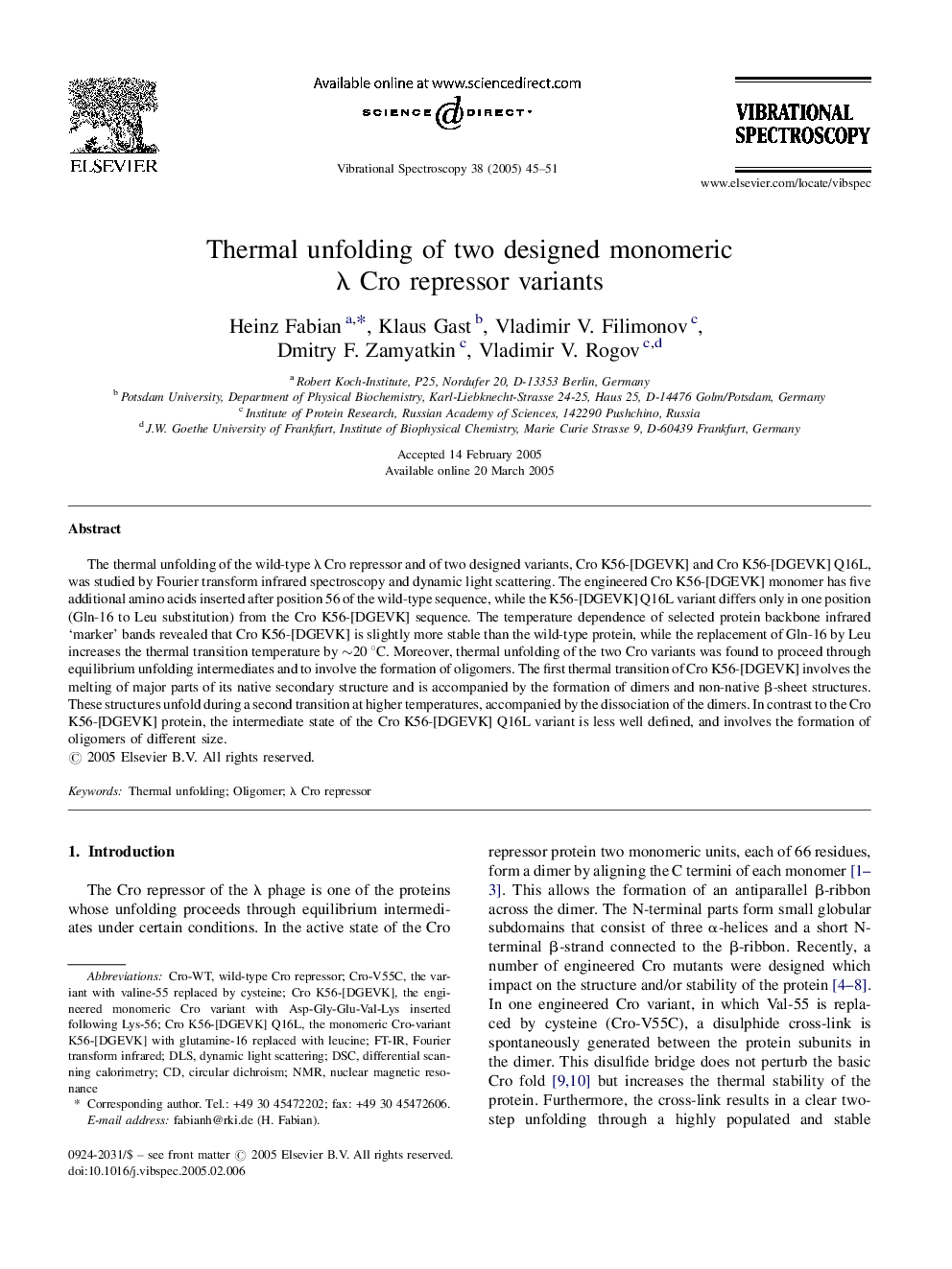 Thermal unfolding of two designed monomeric Î» Cro repressor variants