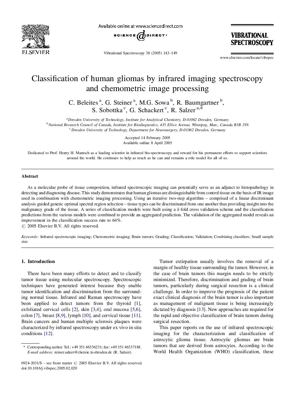 Classification of human gliomas by infrared imaging spectroscopy and chemometric image processing