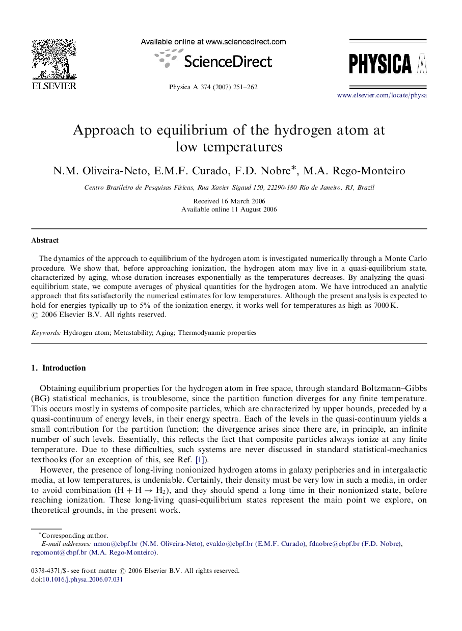 Approach to equilibrium of the hydrogen atom at low temperatures