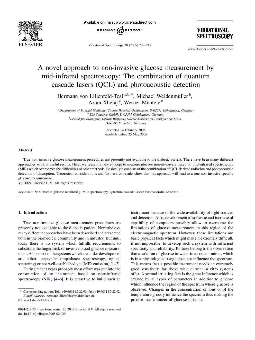 A novel approach to non-invasive glucose measurement by mid-infrared spectroscopy: The combination of quantum cascade lasers (QCL) and photoacoustic detection