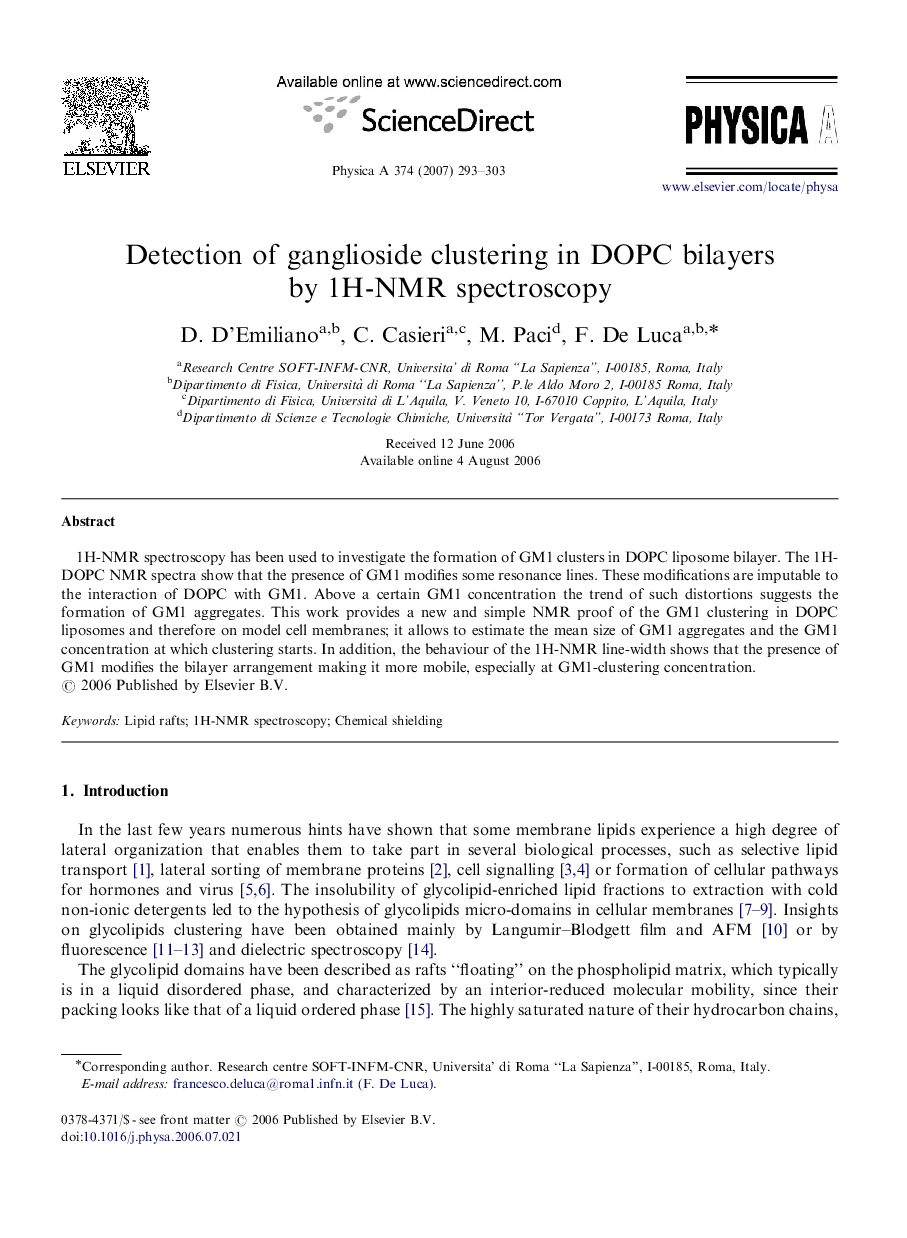 Detection of ganglioside clustering in DOPC bilayers by 1H-NMR spectroscopy