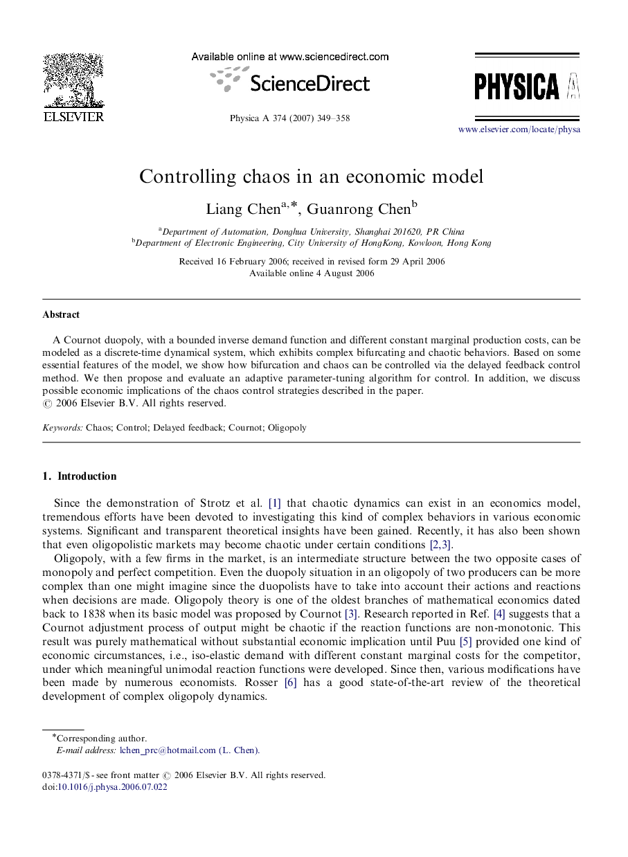 Controlling chaos in an economic model