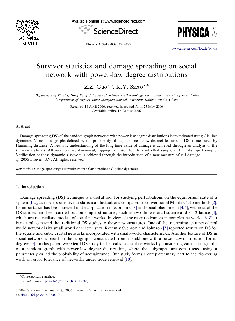 Survivor statistics and damage spreading on social network with power-law degree distributions