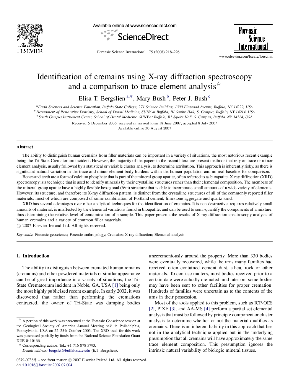 Identification of cremains using X-ray diffraction spectroscopy and a comparison to trace element analysis 