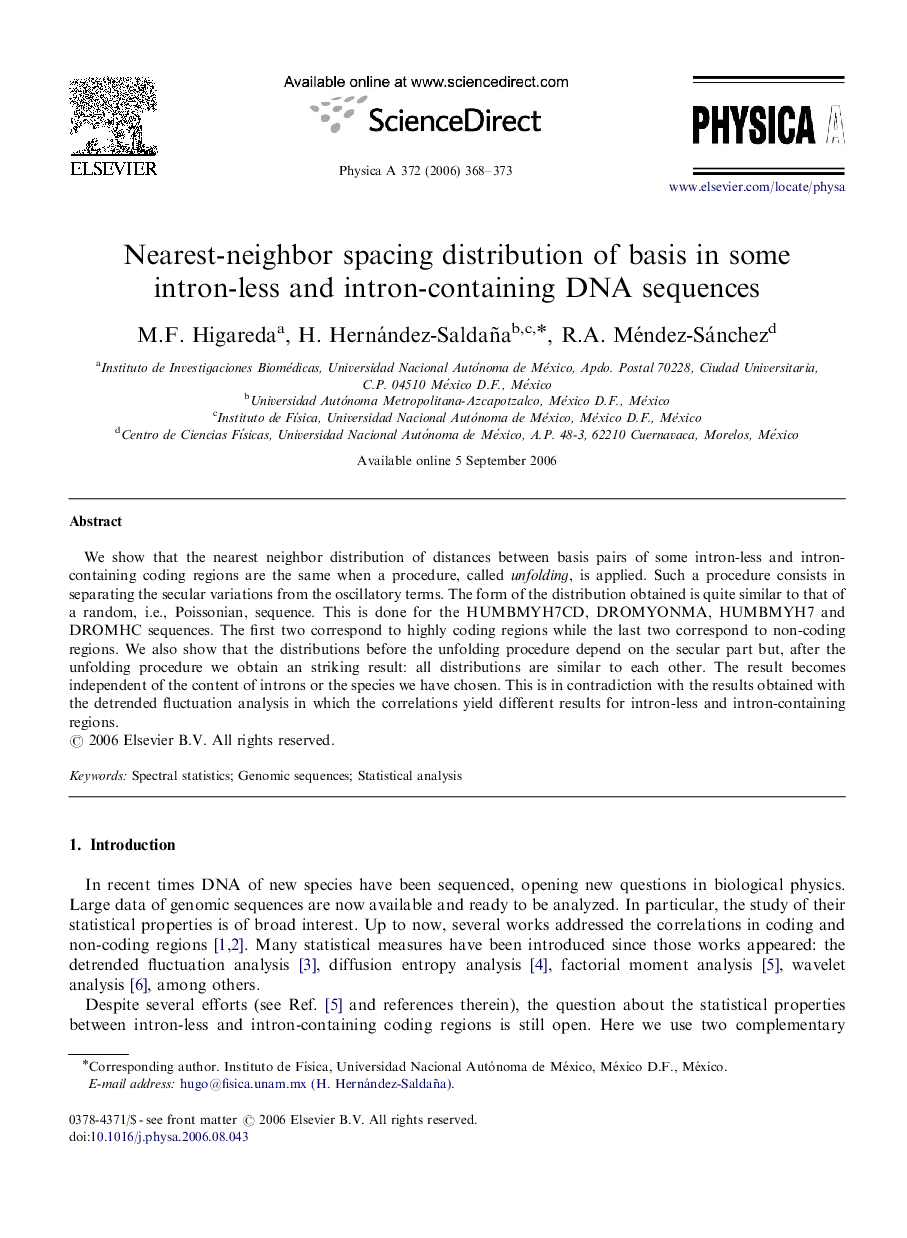 Nearest-neighbor spacing distribution of basis in some intron-less and intron-containing DNA sequences