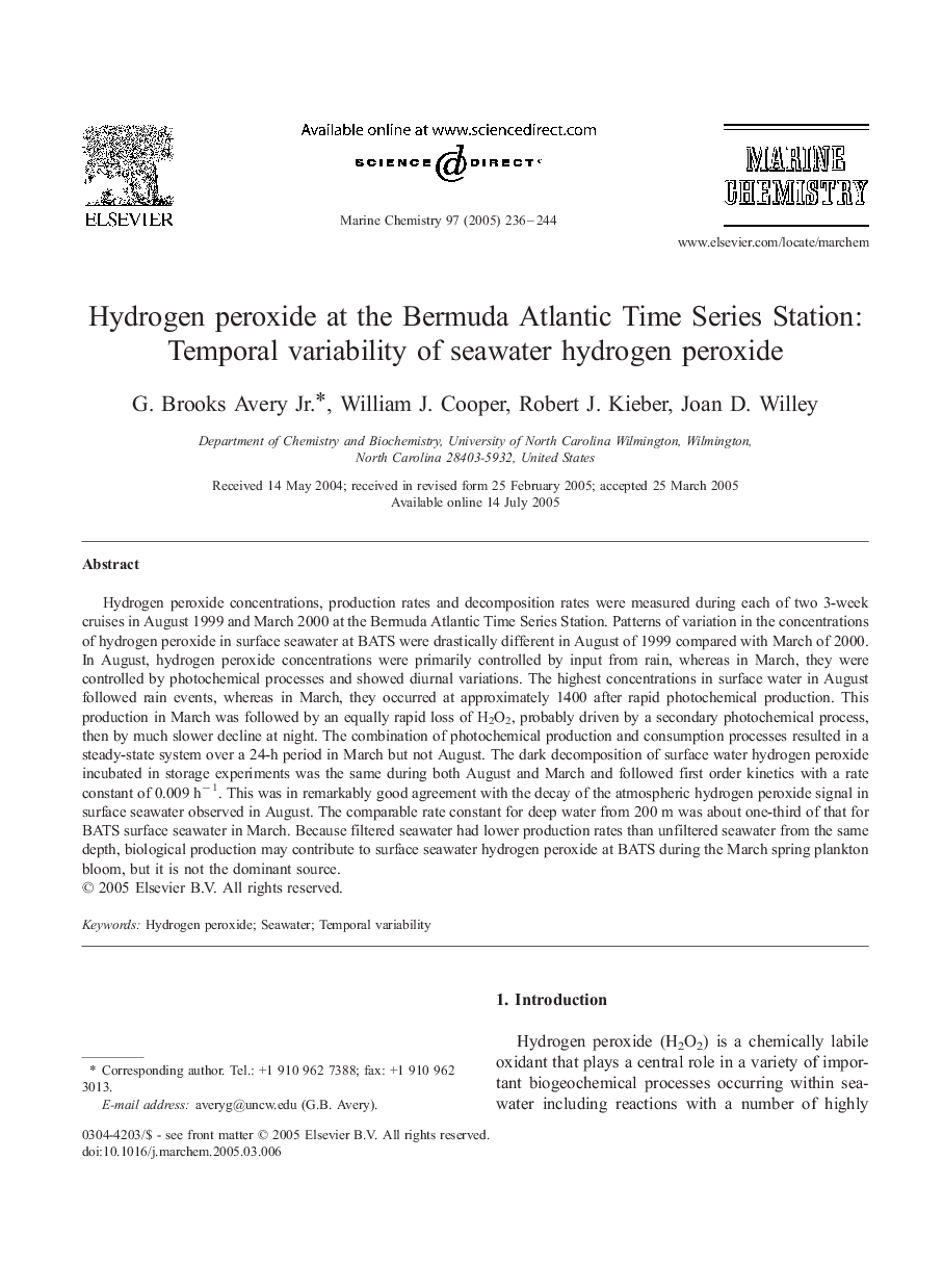 Hydrogen peroxide at the Bermuda Atlantic Time Series Station: Temporal variability of seawater hydrogen peroxide