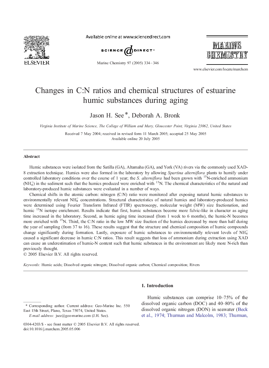 Changes in C:N ratios and chemical structures of estuarine humic substances during aging