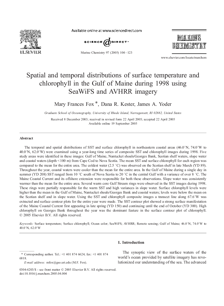 Spatial and temporal distributions of surface temperature and chlorophyll in the Gulf of Maine during 1998 using SeaWiFS and AVHRR imagery