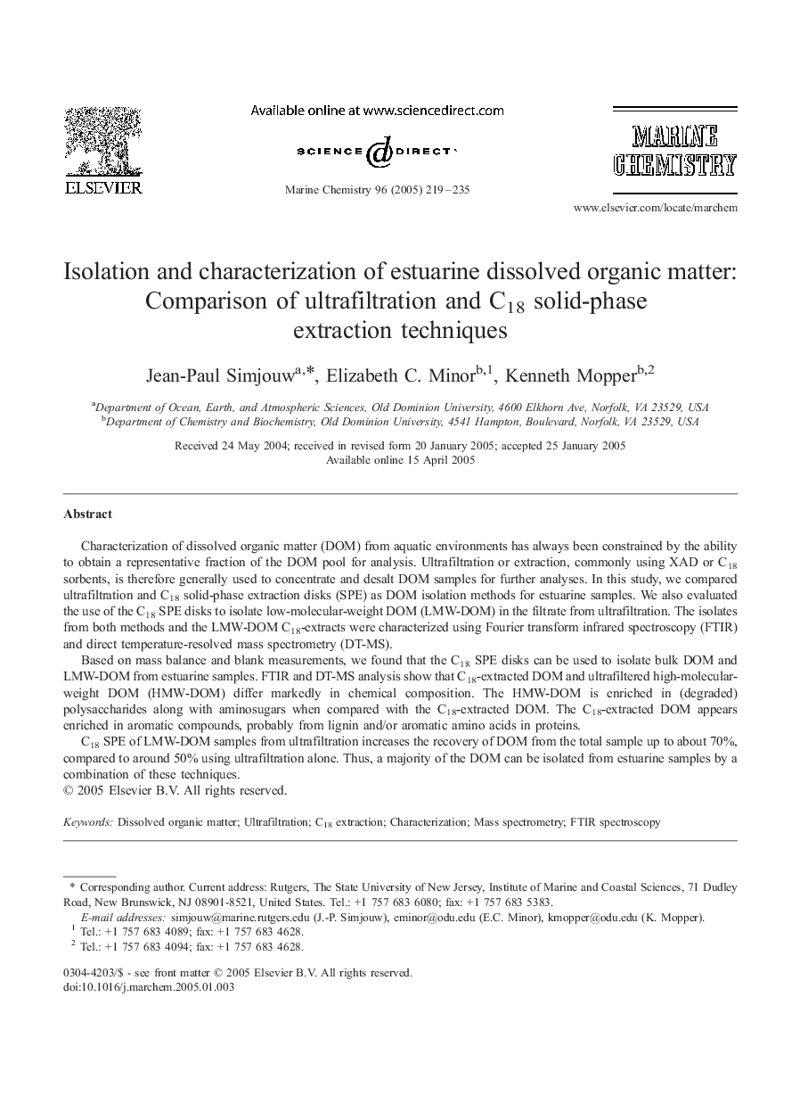 عکس صفحه اول مقاله: Isolation and characterization of estuarine dissolved organic matter: Comparison of ultrafiltration and C18 solid-phase extraction techniques Isolation and characterization of estuarine dissolved organic matter: Comparison of ultrafiltration and C18 solid-phase extraction techniques