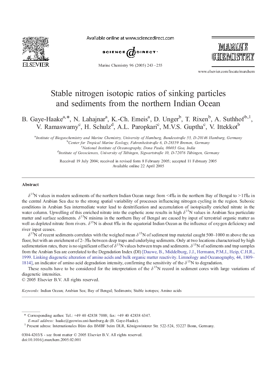 Stable nitrogen isotopic ratios of sinking particles and sediments from the northern Indian Ocean