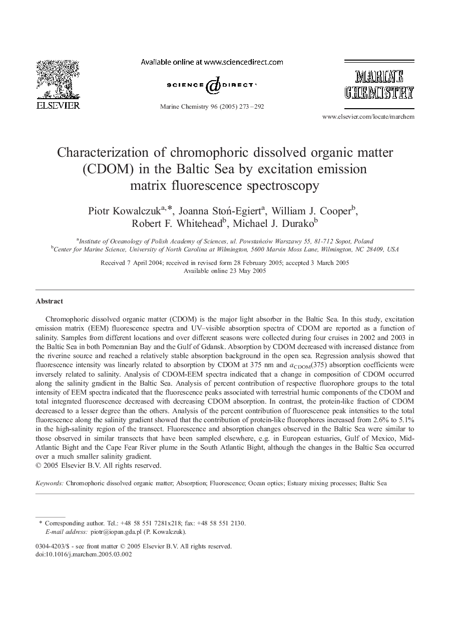 عکس صفحه اول مقاله: Characterization of chromophoric dissolved organic matter (CDOM) in the Baltic Sea by excitation emission matrix fluorescence spectroscopy Characterization of chromophoric dissolved organic matter (CDOM) in the Baltic Sea by excitation emission matrix fluorescence spectroscopy