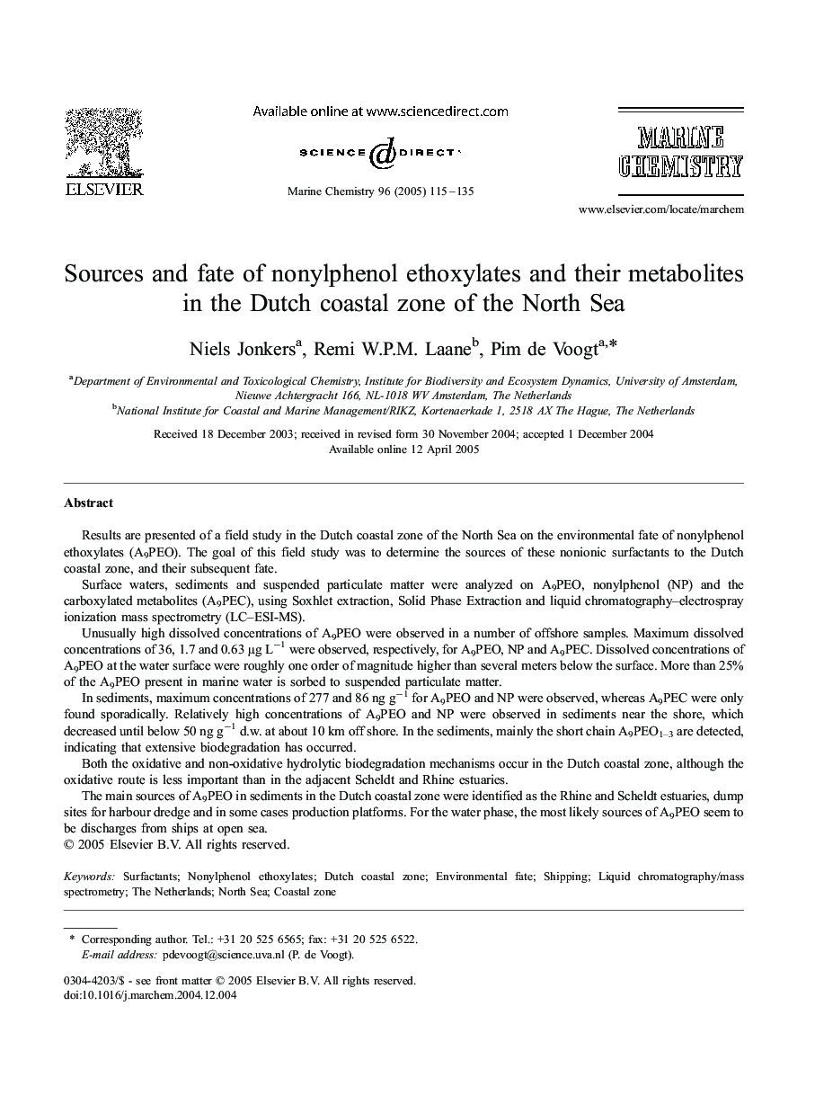 Sources and fate of nonylphenol ethoxylates and their metabolites in the Dutch coastal zone of the North Sea