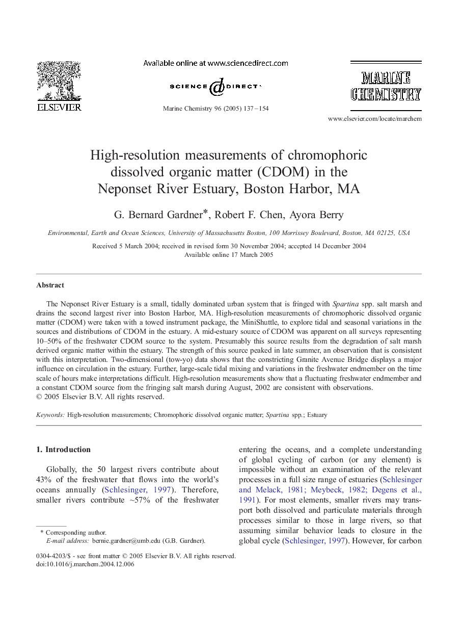 High-resolution measurements of chromophoric dissolved organic matter (CDOM) in the Neponset River Estuary, Boston Harbor, MA