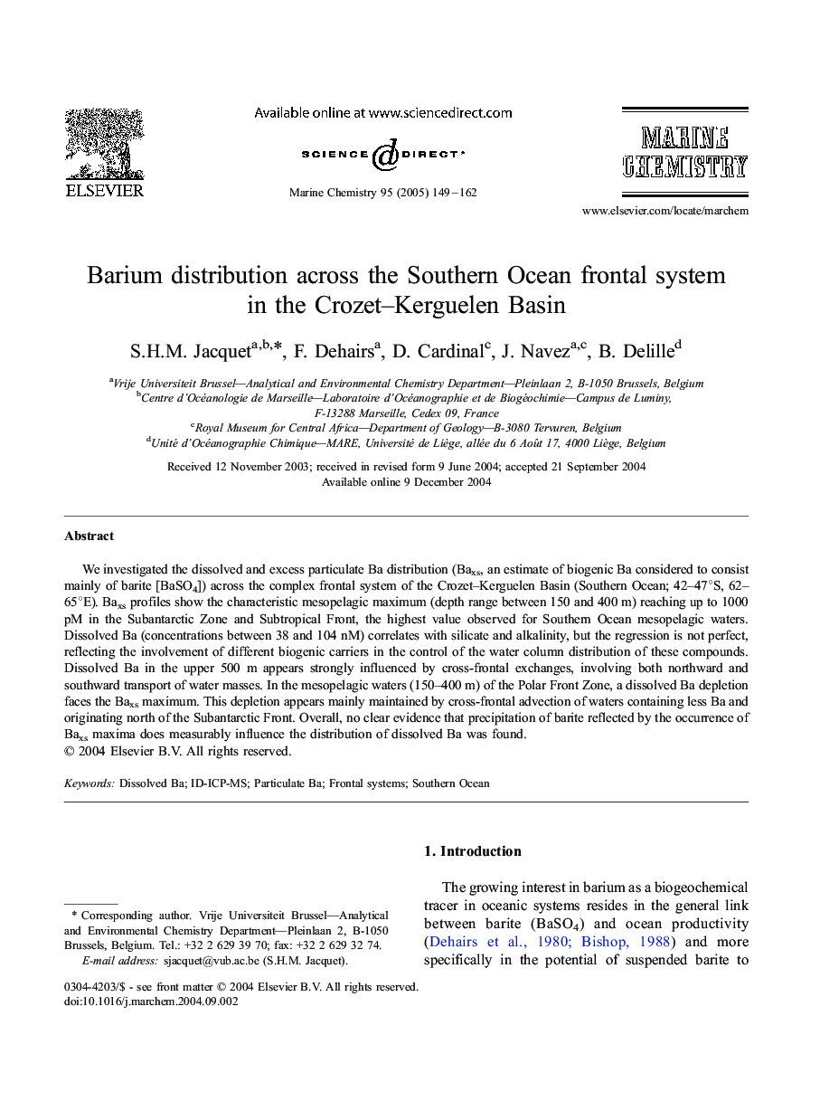 Barium distribution across the Southern Ocean frontal system in the Crozet-Kerguelen Basin