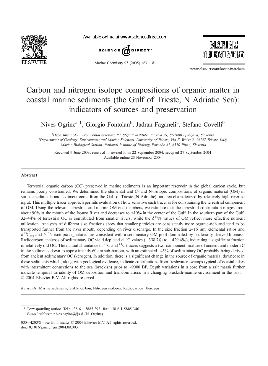 Carbon and nitrogen isotope compositions of organic matter in coastal marine sediments (the Gulf of Trieste, N Adriatic Sea): indicators of sources and preservation