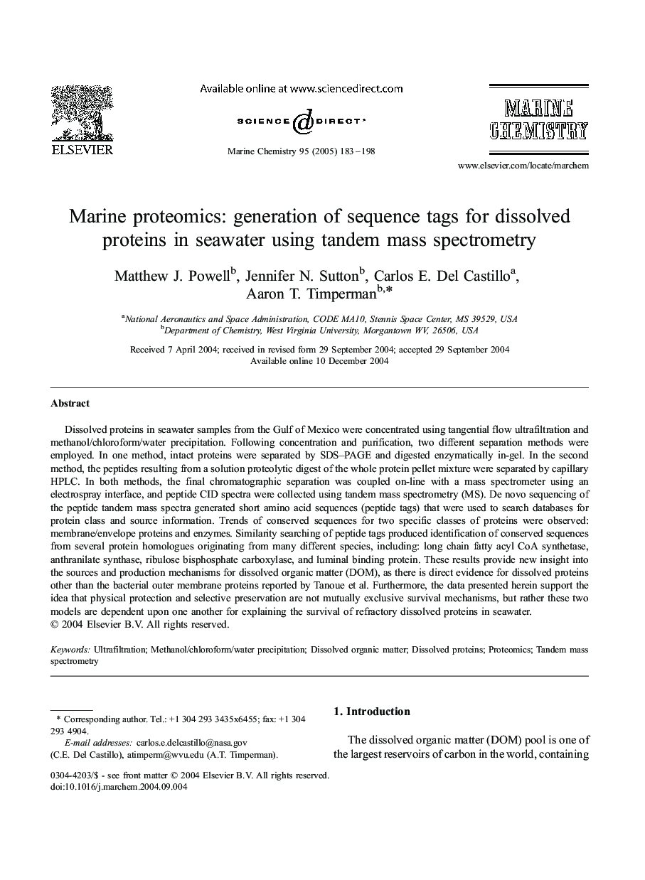 Marine proteomics: generation of sequence tags for dissolved proteins in seawater using tandem mass spectrometry