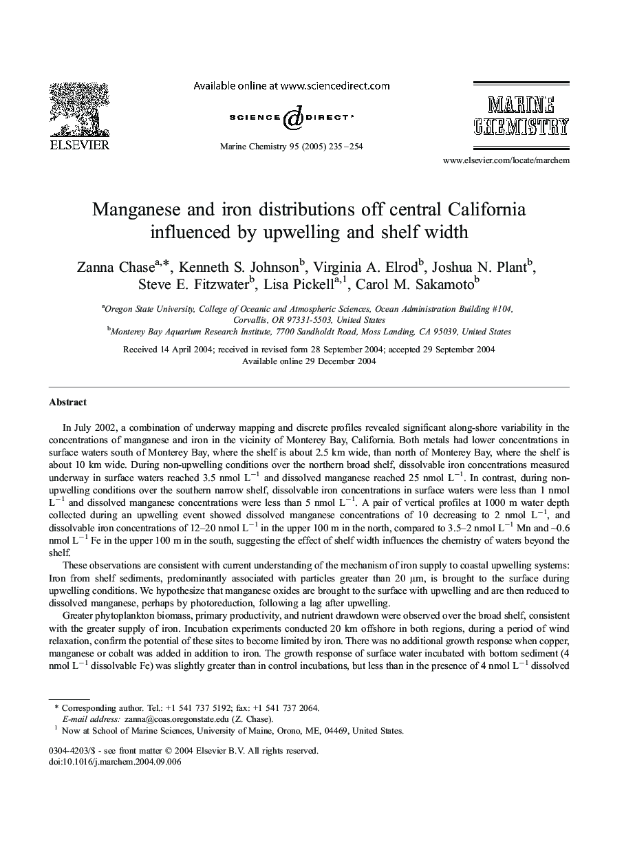 Manganese and iron distributions off central California influenced by upwelling and shelf width