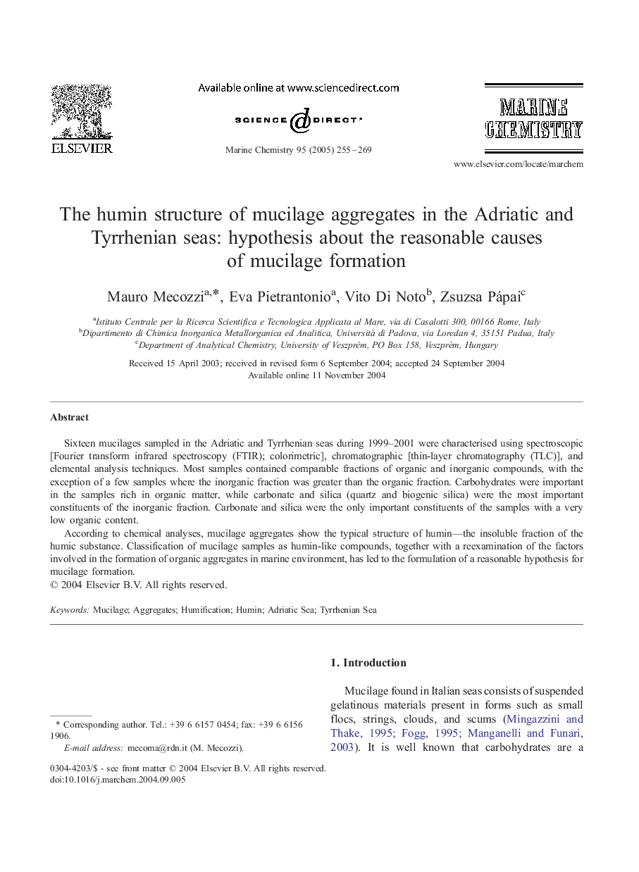 The humin structure of mucilage aggregates in the Adriatic and Tyrrhenian seas: hypothesis about the reasonable causes of mucilage formation