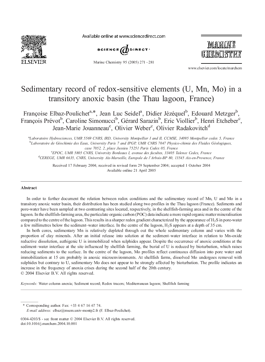 Sedimentary record of redox-sensitive elements (U, Mn, Mo) in a transitory anoxic basin (the Thau lagoon, France)