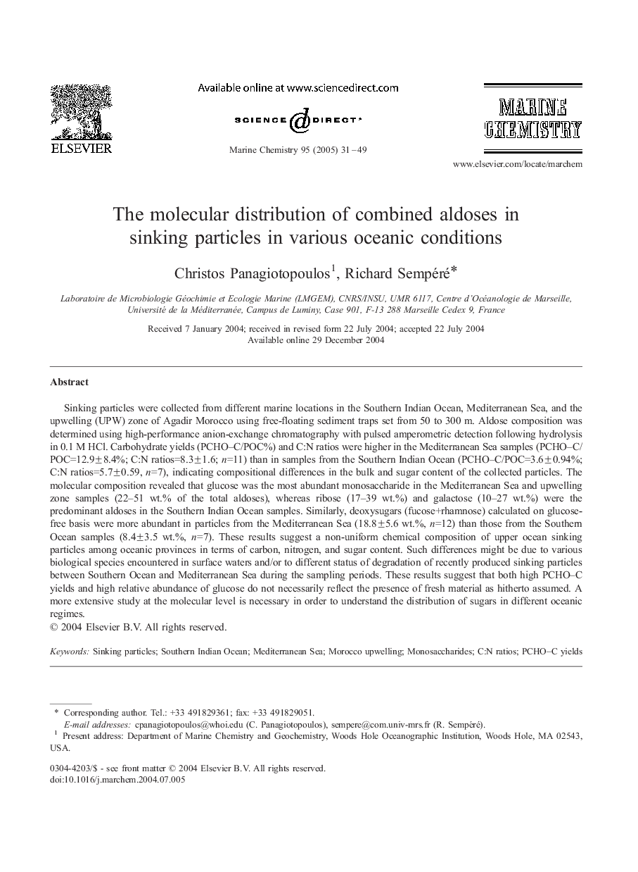 The molecular distribution of combined aldoses in sinking particles in various oceanic conditions