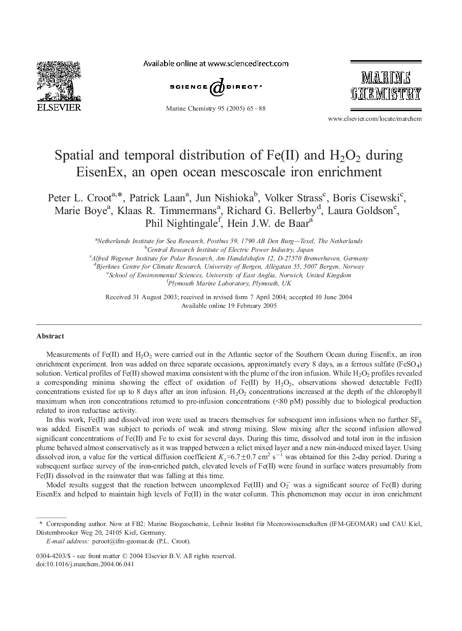 Spatial and temporal distribution of Fe(II) and H2O2 during EisenEx, an open ocean mescoscale iron enrichment