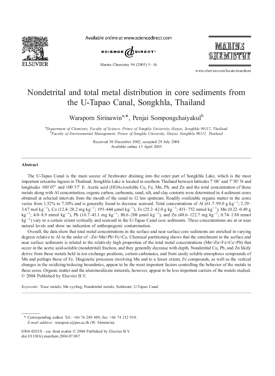 Nondetrital and total metal distribution in core sediments from the U-Tapao Canal, Songkhla, Thailand