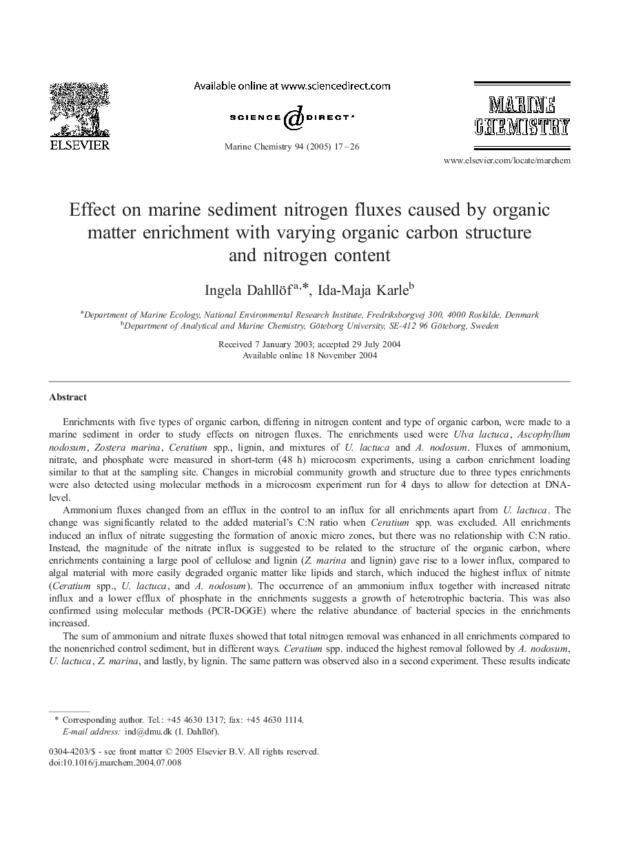 Effect on marine sediment nitrogen fluxes caused by organic matter enrichment with varying organic carbon structure and nitrogen content