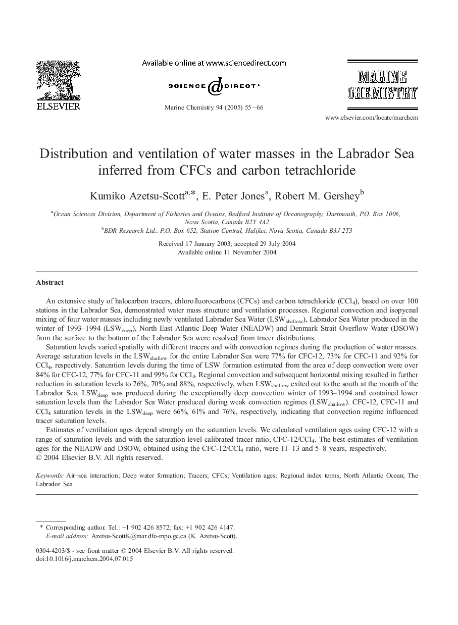 Distribution and ventilation of water masses in the Labrador Sea inferred from CFCs and carbon tetrachloride