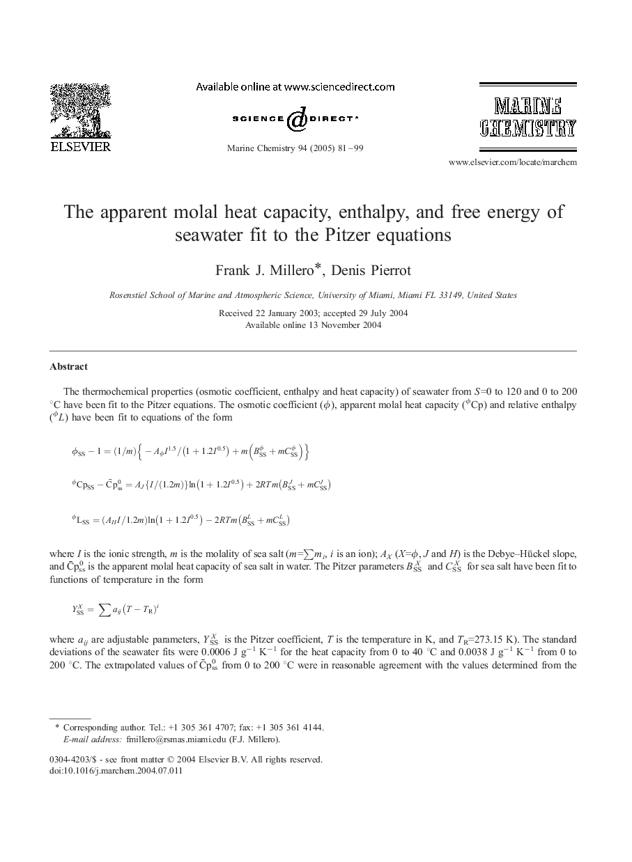 The apparent molal heat capacity, enthalpy, and free energy of seawater fit to the Pitzer equations