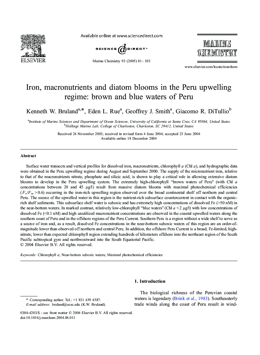 Iron, macronutrients and diatom blooms in the Peru upwelling regime: brown and blue waters of Peru