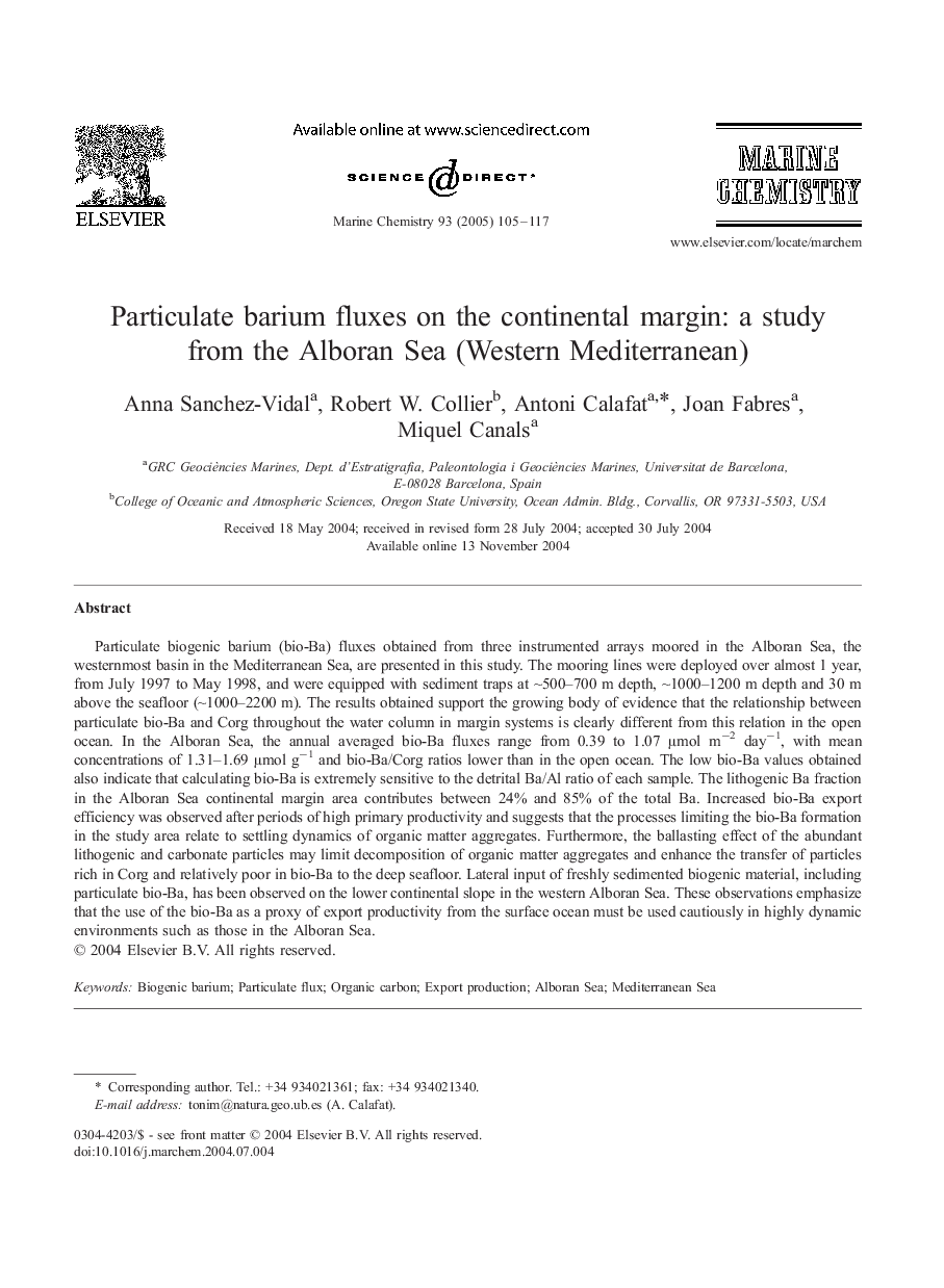 Particulate barium fluxes on the continental margin: a study from the Alboran Sea (Western Mediterranean)