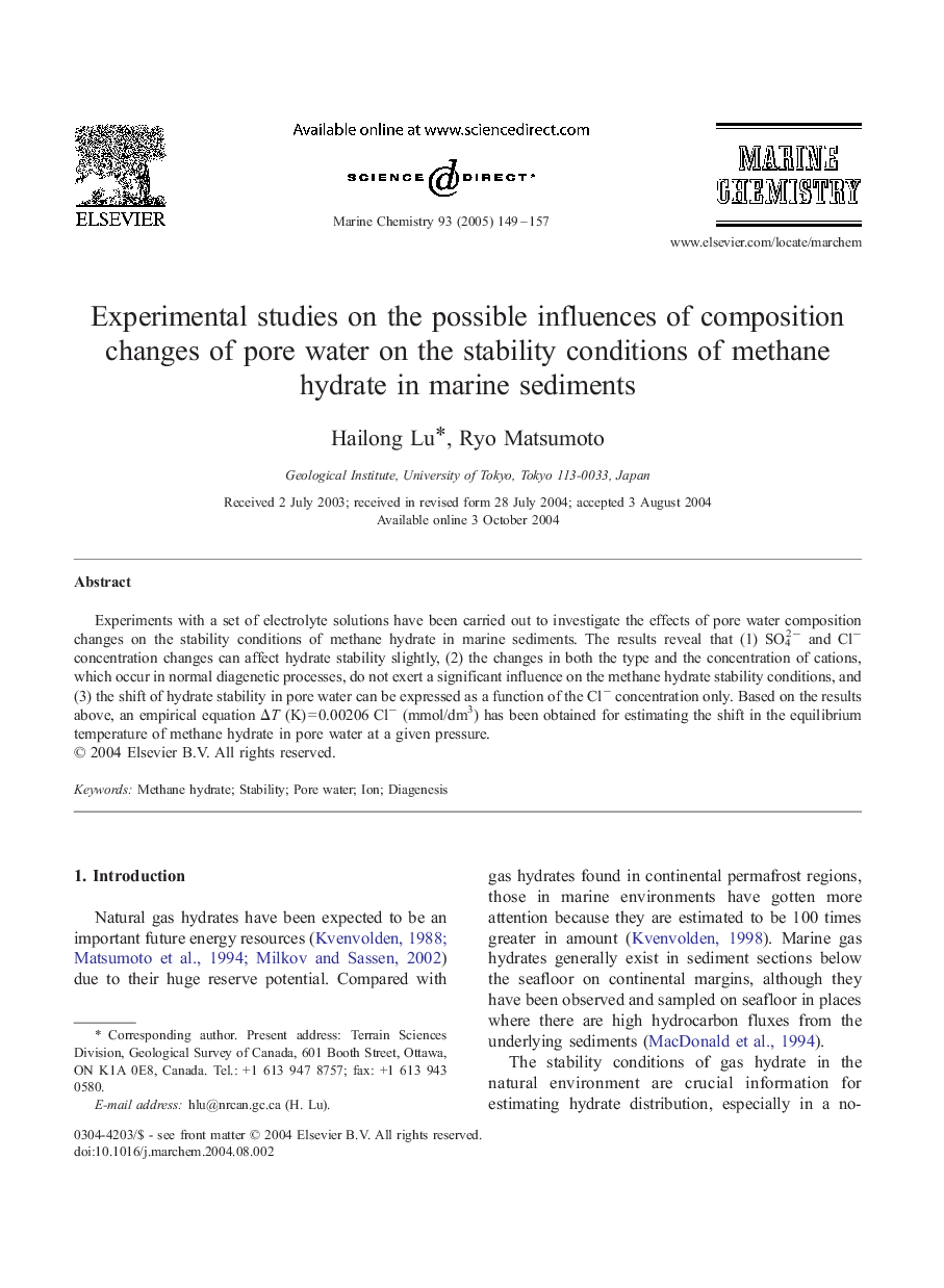 Experimental studies on the possible influences of composition changes of pore water on the stability conditions of methane hydrate in marine sediments