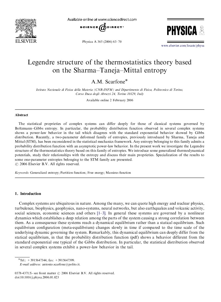 Legendre structure of the thermostatistics theory based on the Sharma-Taneja-Mittal entropy