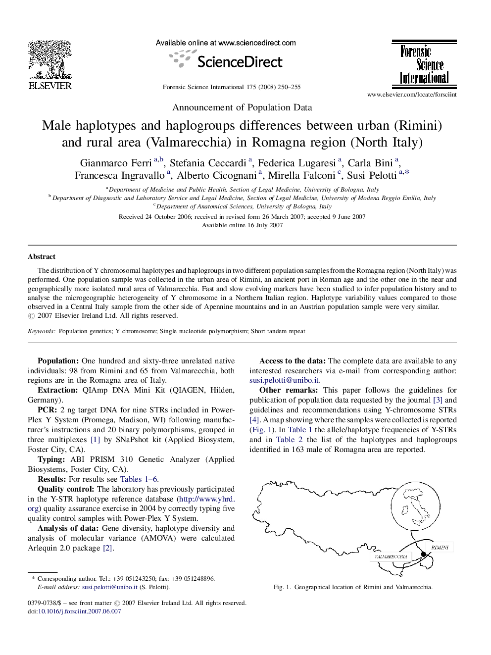 Male haplotypes and haplogroups differences between urban (Rimini) and rural area (Valmarecchia) in Romagna region (North Italy)