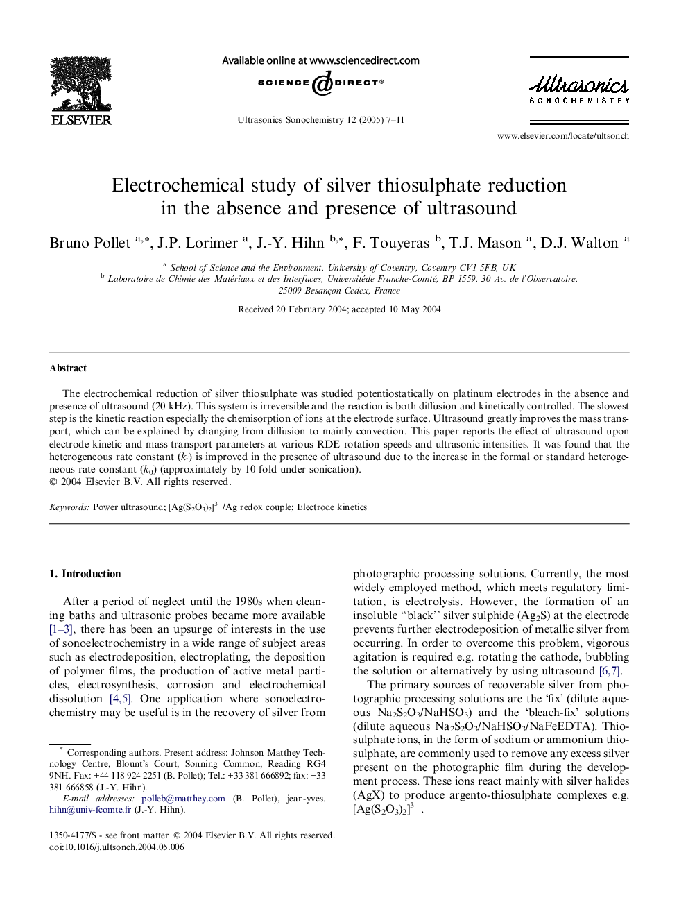 Electrochemical study of silver thiosulphate reduction in the absence and presence of ultrasound