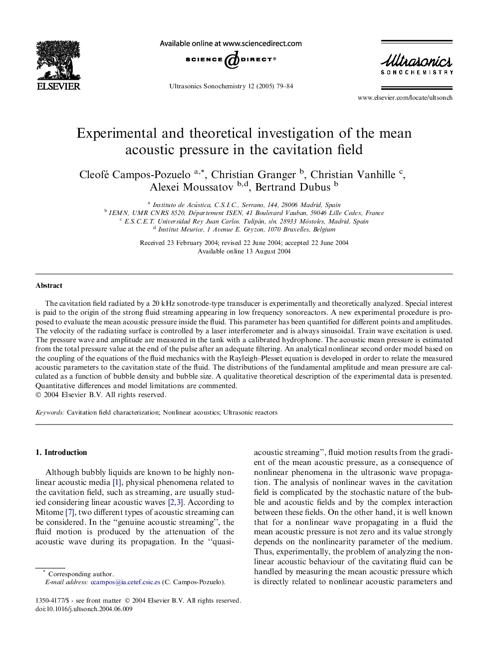 Experimental and theoretical investigation of the mean acoustic pressure in the cavitation field