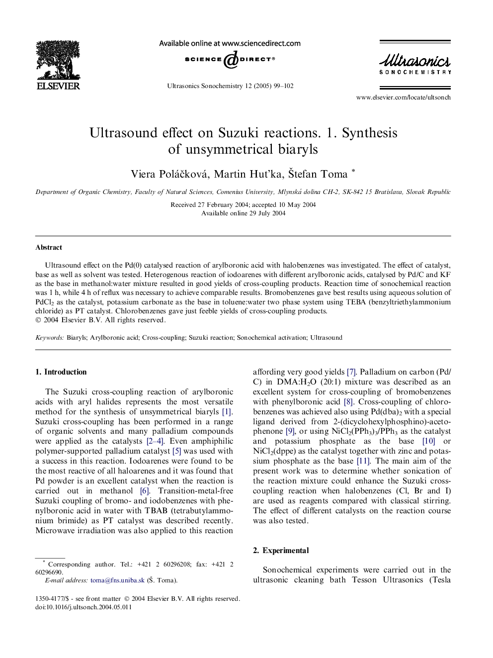 Ultrasound effect on Suzuki reactions. 1. Synthesis of unsymmetrical biaryls