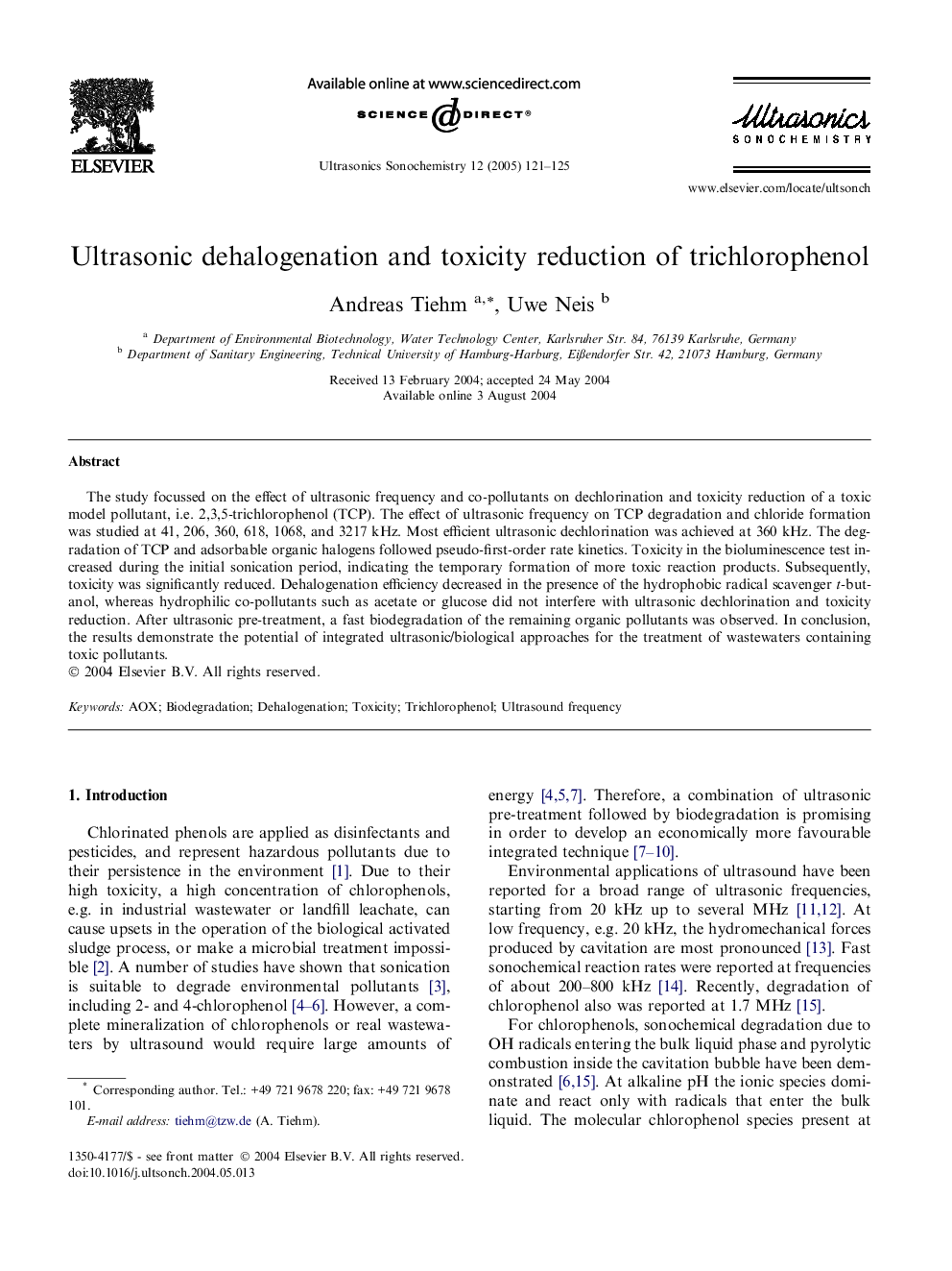 Ultrasonic dehalogenation and toxicity reduction of trichlorophenol