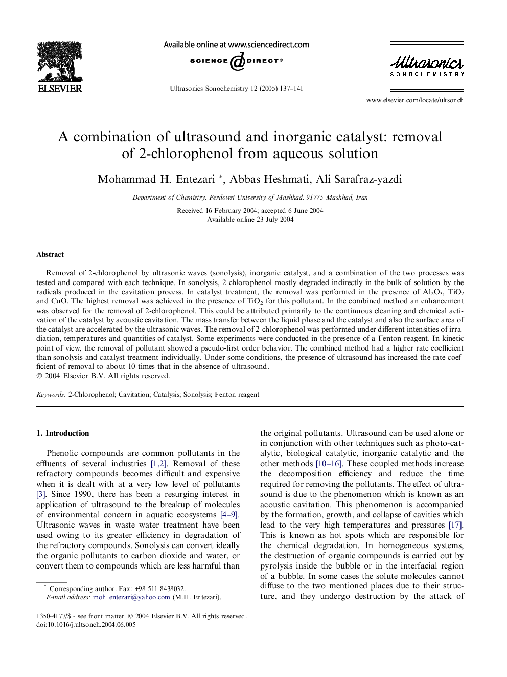 A combination of ultrasound and inorganic catalyst: removal of 2-chlorophenol from aqueous solution