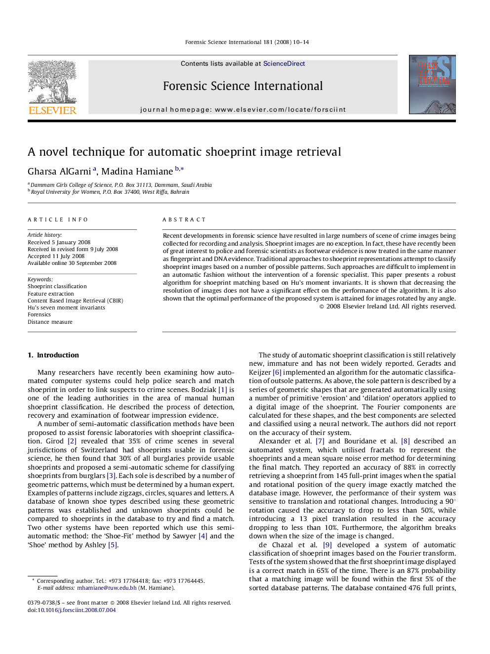 A novel technique for automatic shoeprint image retrieval