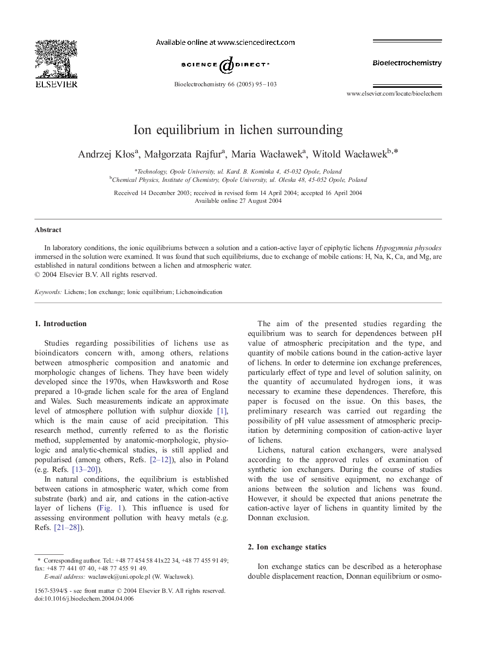 Ion equilibrium in lichen surrounding