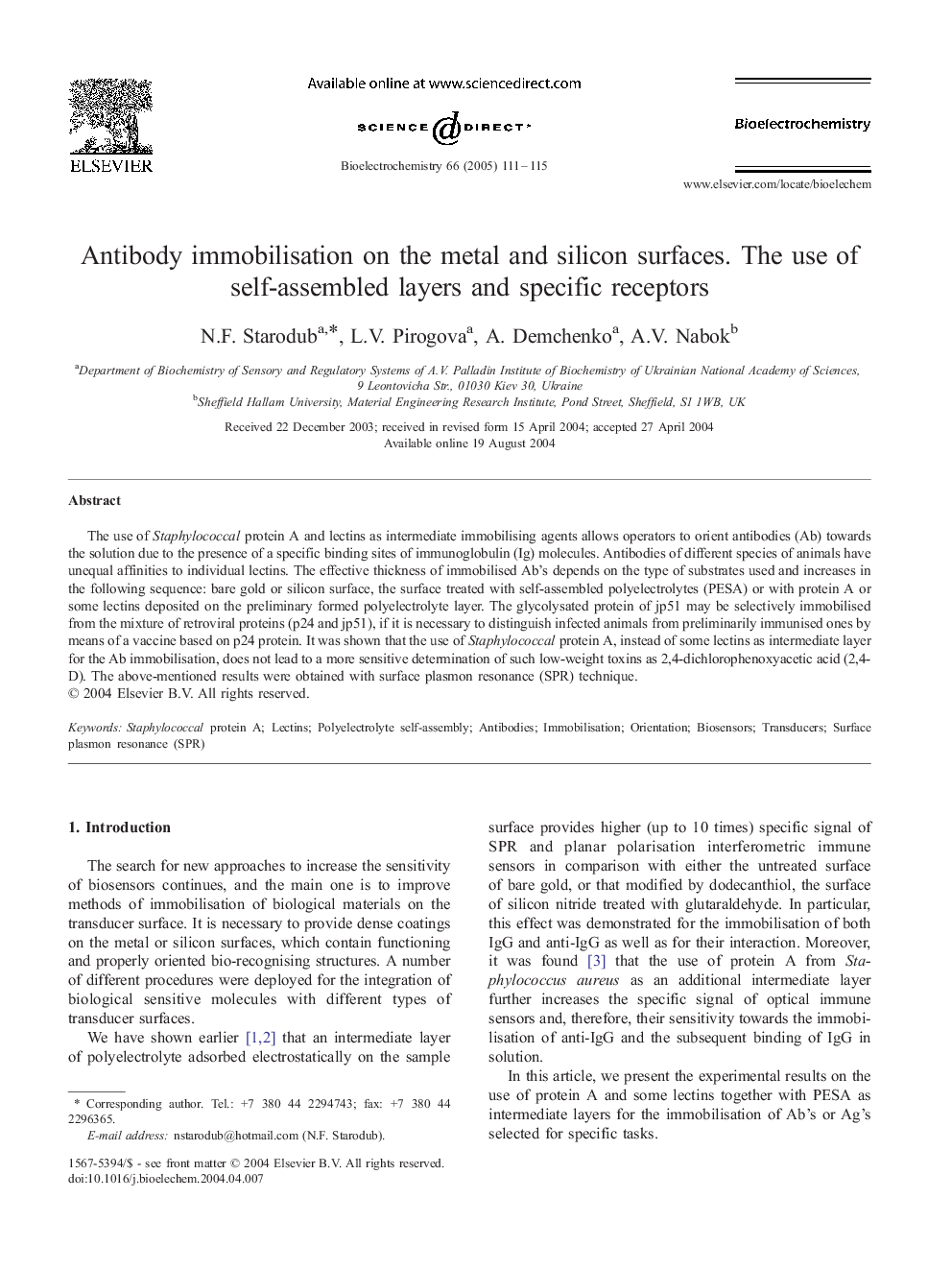 Antibody immobilisation on the metal and silicon surfaces. The use of self-assembled layers and specific receptors