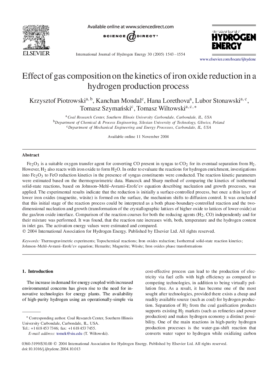 Effect of gas composition on the kinetics of iron oxide reduction in a hydrogen production process