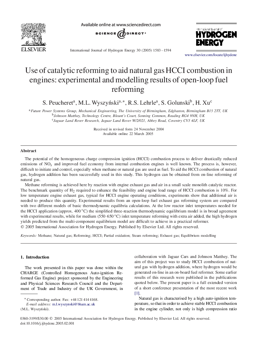 Use of catalytic reforming to aid natural gas HCCI combustion in engines: experimental and modelling results of open-loop fuel reforming