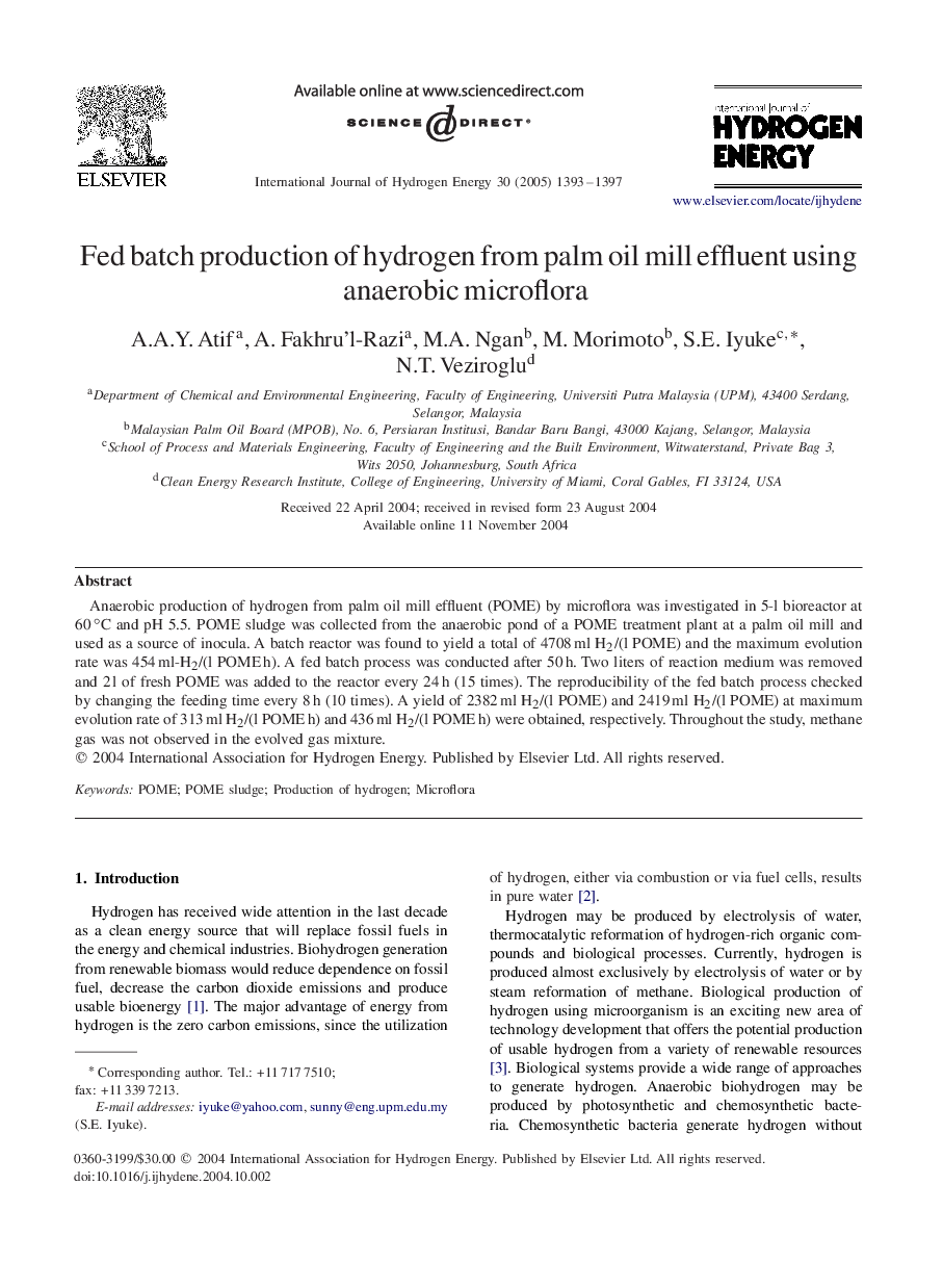 Fed batch production of hydrogen from palm oil mill effluent using anaerobic microflora